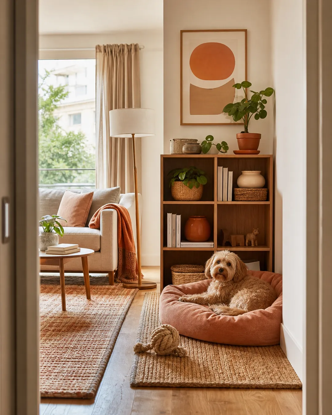 Rug and bookcase marking out a dog corner within a larger living room
