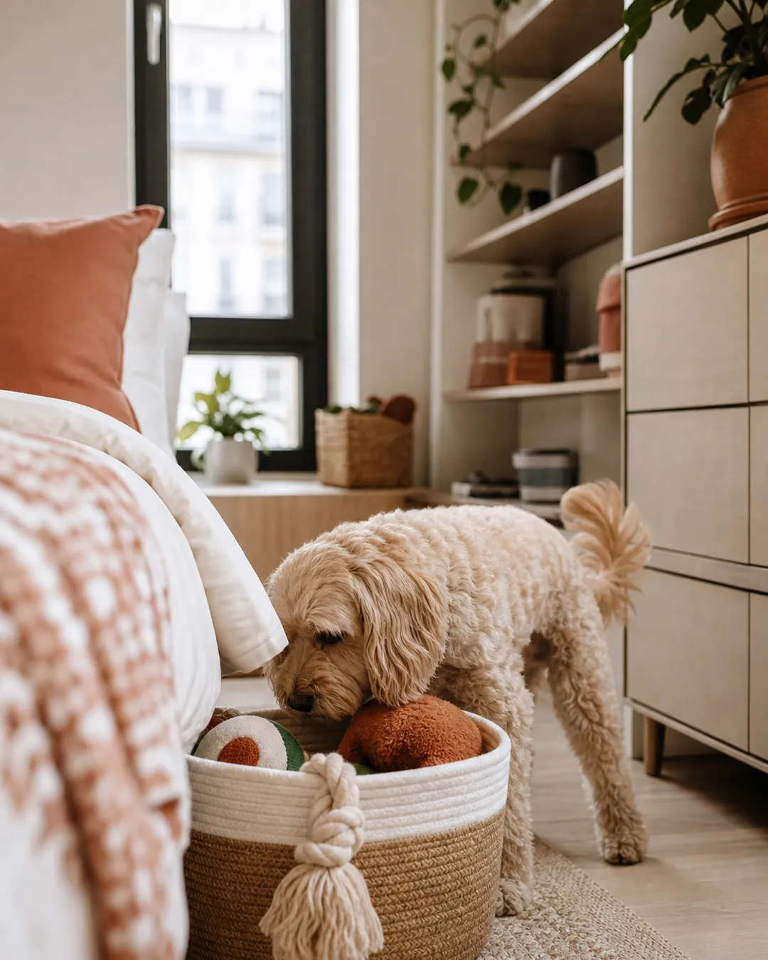 Single woven basket of dog toys beside a bed with no toys loose nearby