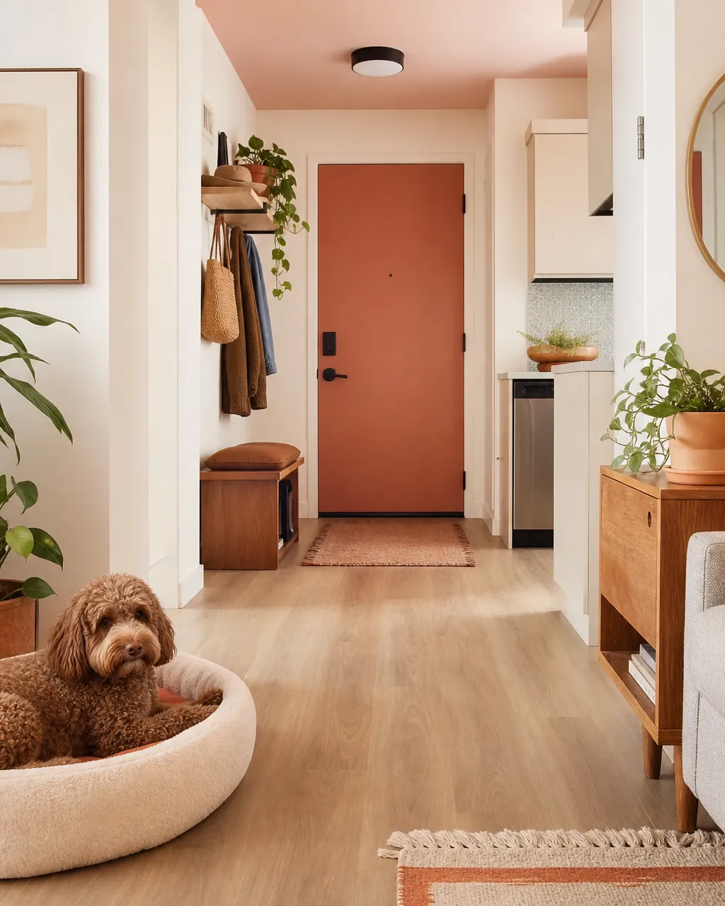 Clear stretch of floor running from a dog bed toward the front door