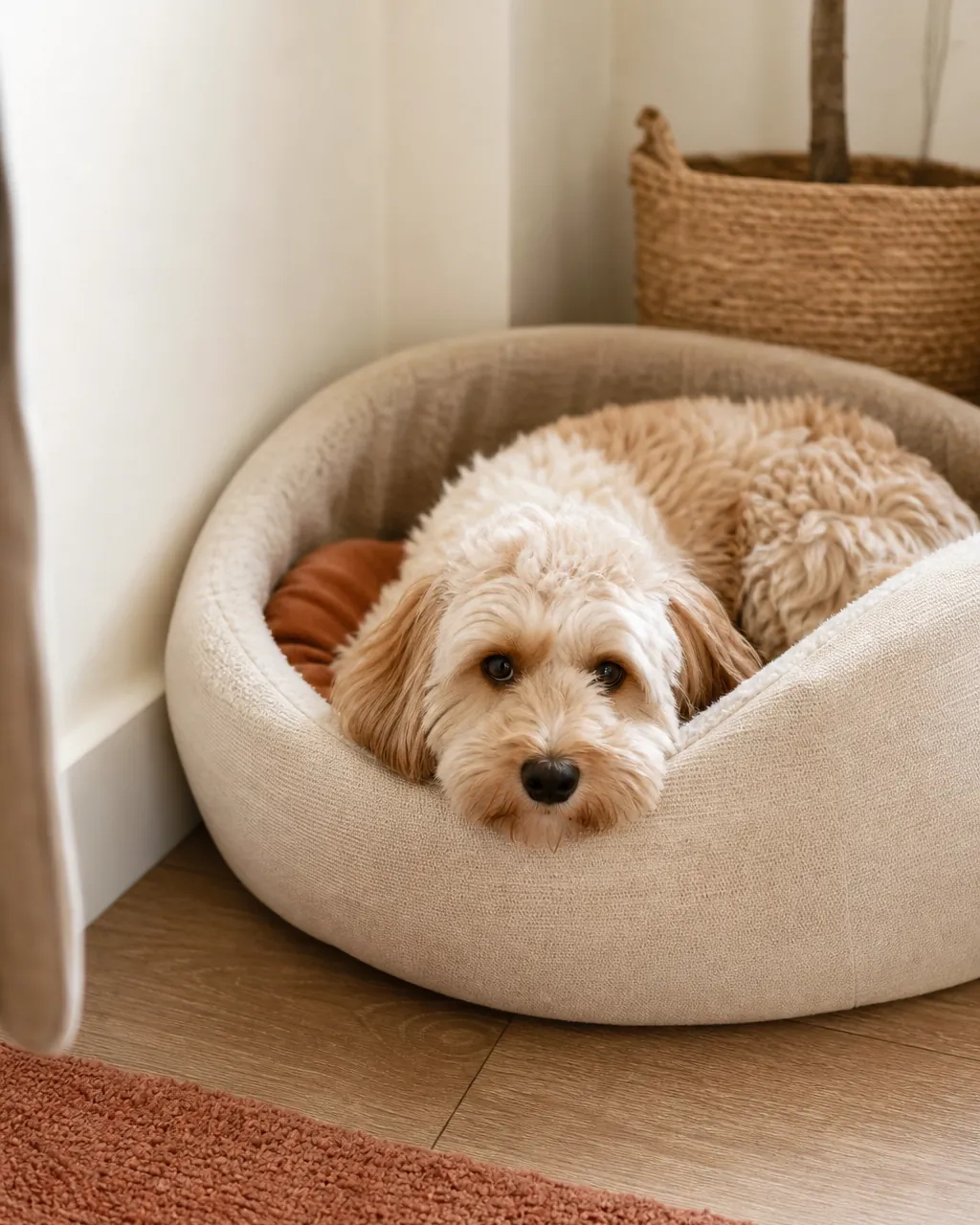 Second dog bed tucked into a quiet corner away from the main seating