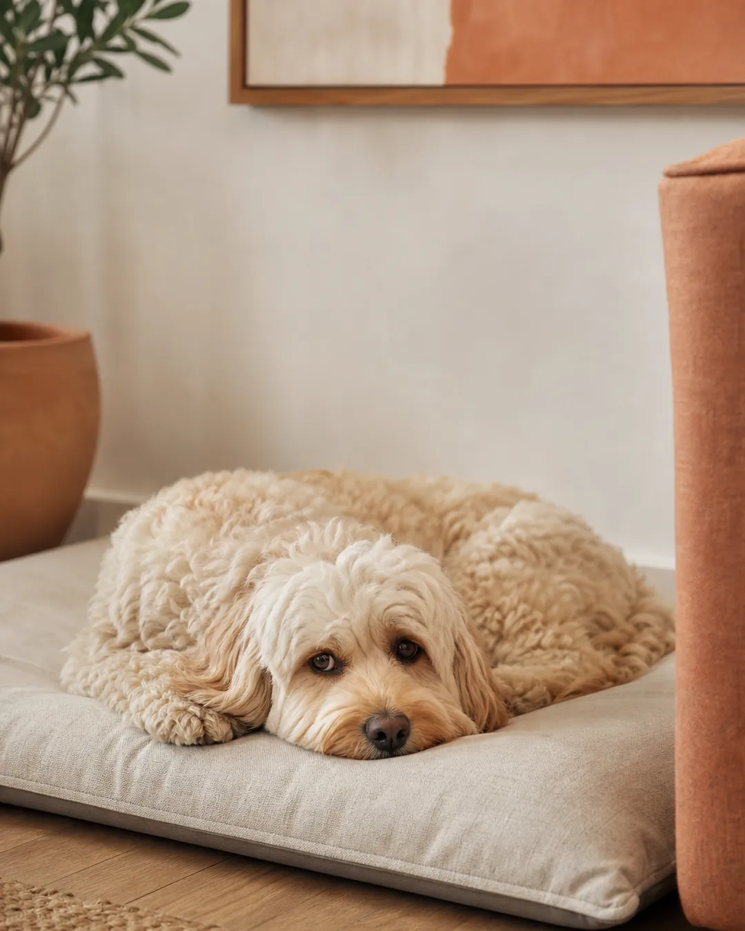 Dog bed pushed flat against a living room wall with a dog lying on it