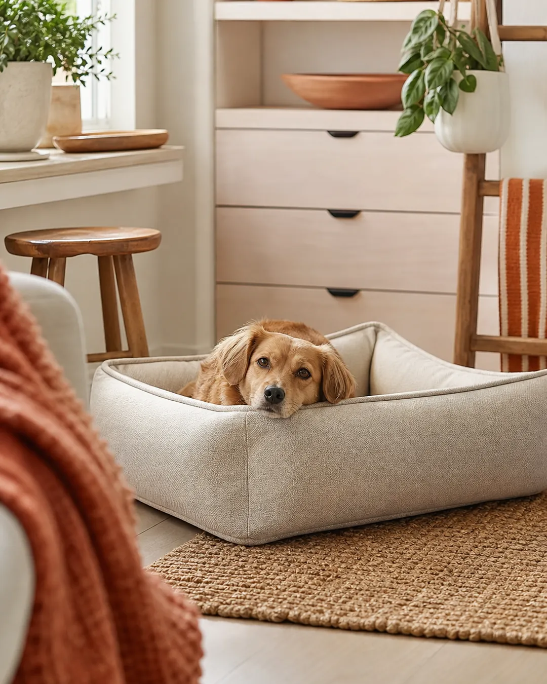 Bolster dog bed with raised edges and a dog resting its head on the rim