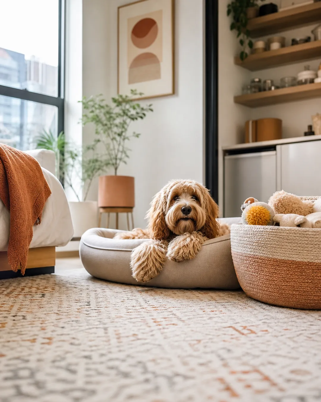 Washable rug spread under both a dog bed and a toy basket together