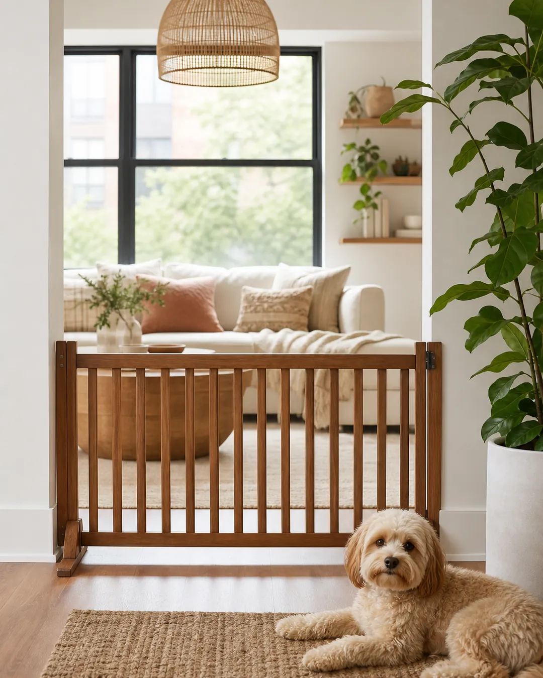 Wooden freestanding pet gate standing across a living room opening