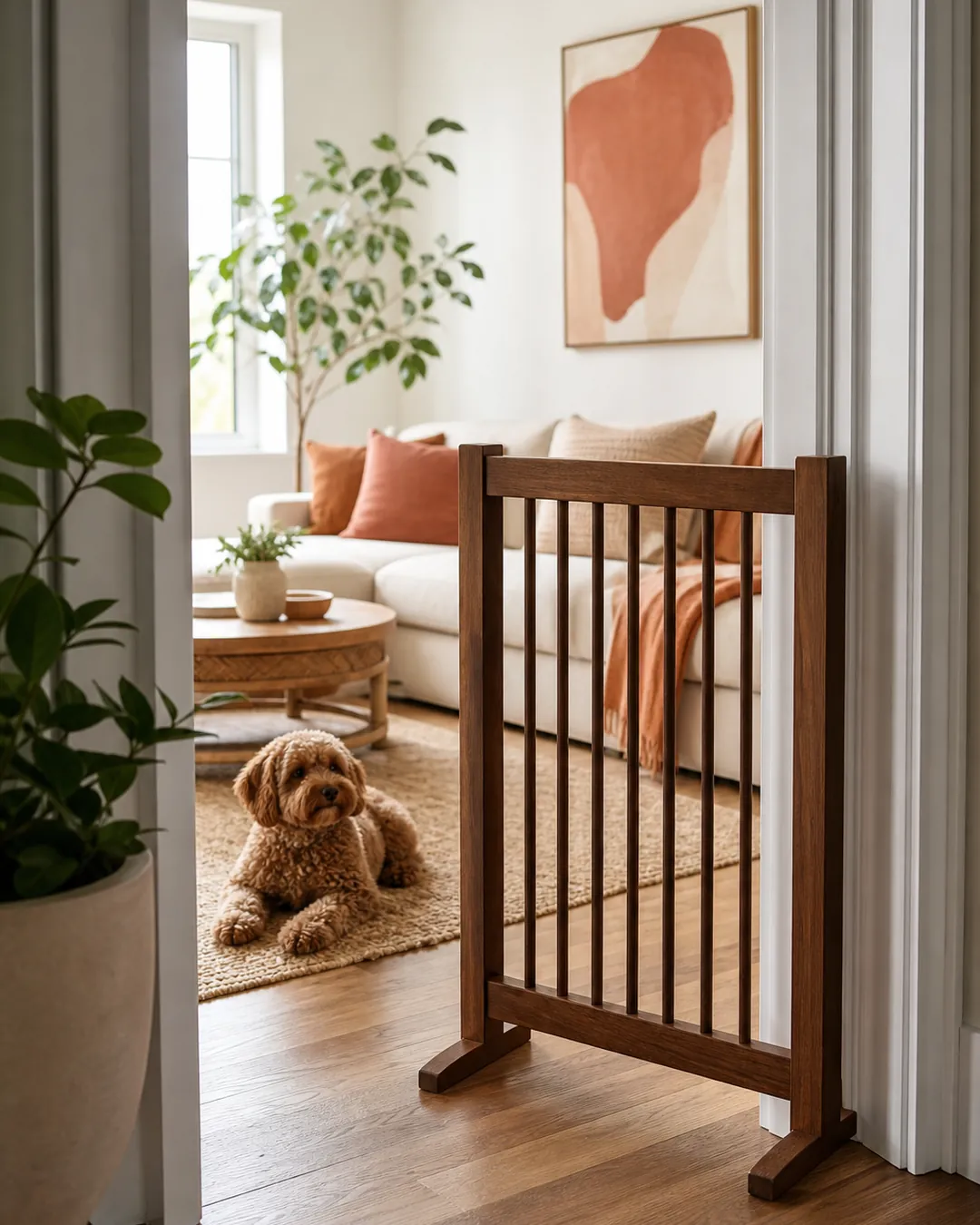 Freestanding gate panel standing beside a doorway with no wall fittings