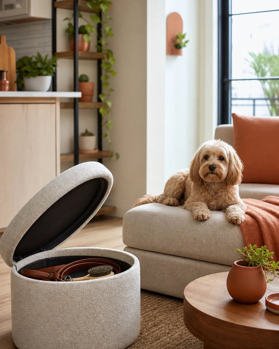 Storage ottoman with a leash and brush inside and its lid propped open