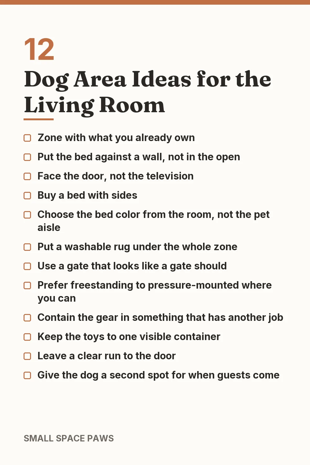 Checklist of every idea in 12 Dog Area Ideas for the Living Room