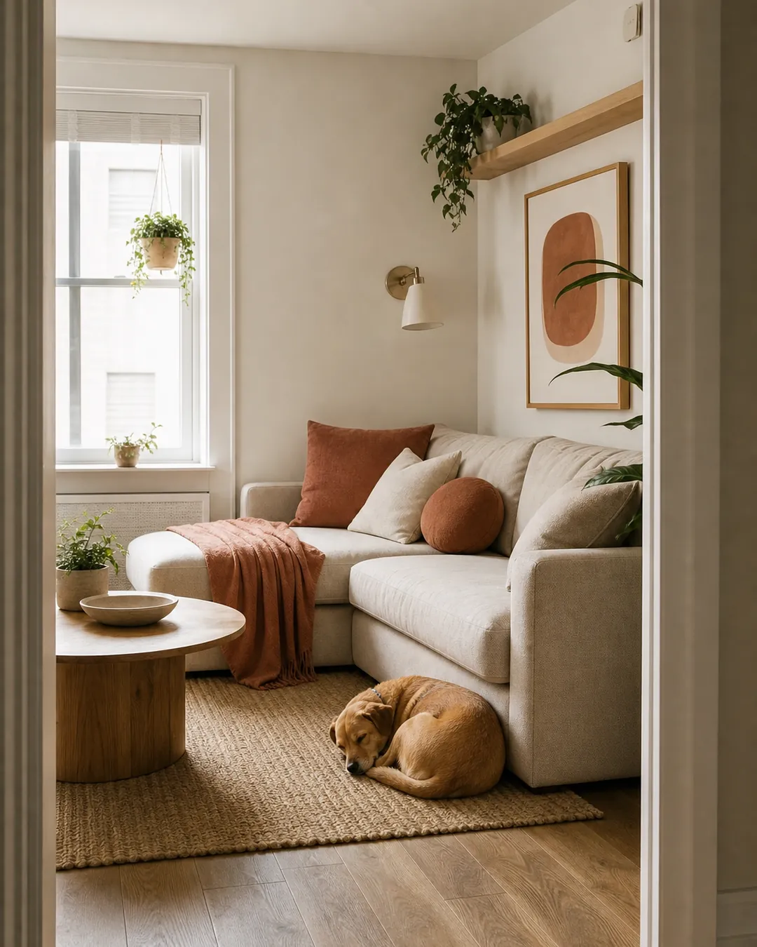 Dog curled tightly asleep on a bare floor beside the base of a sofa