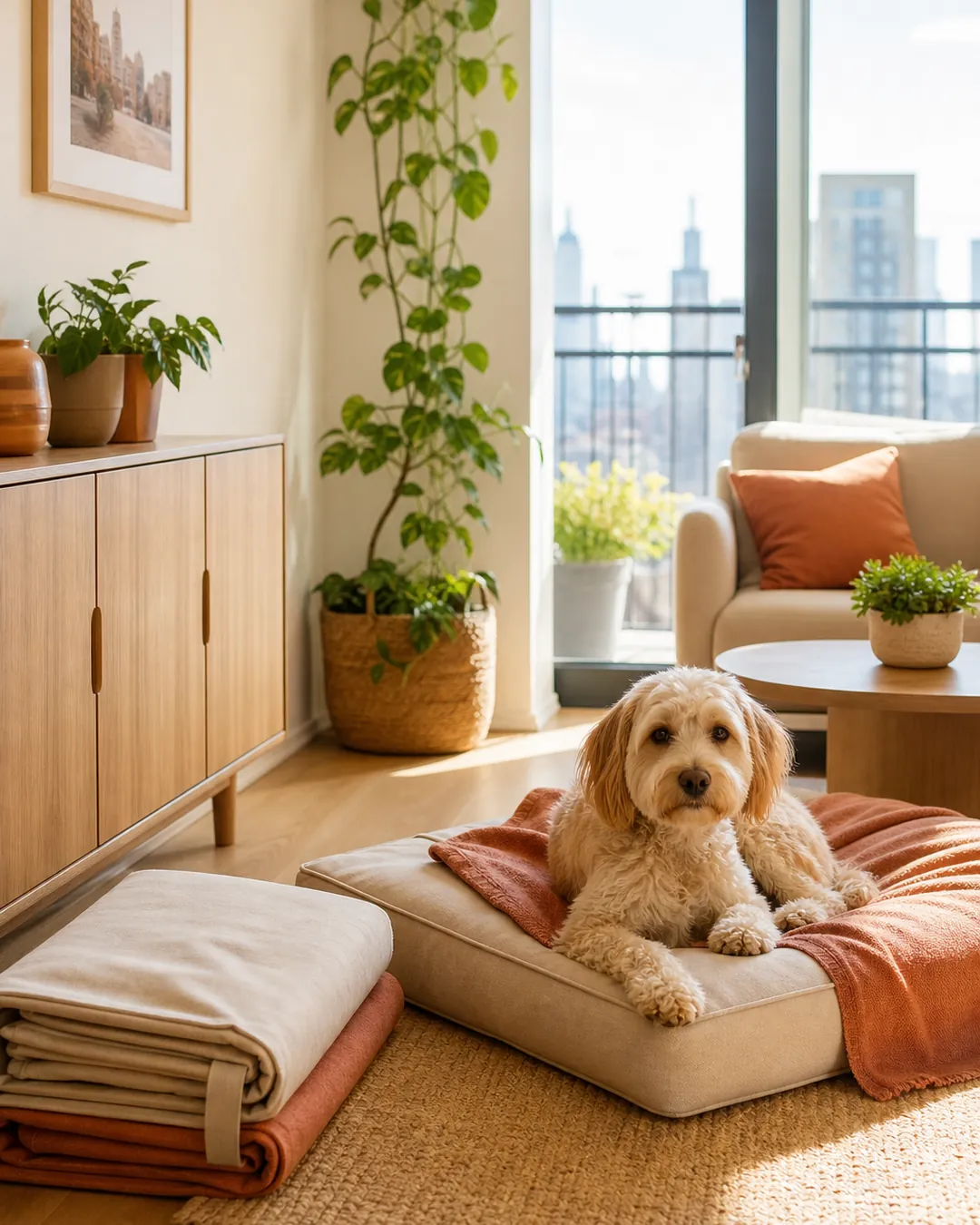 Folded spare bed cover stacked neatly beside a made-up dog bed