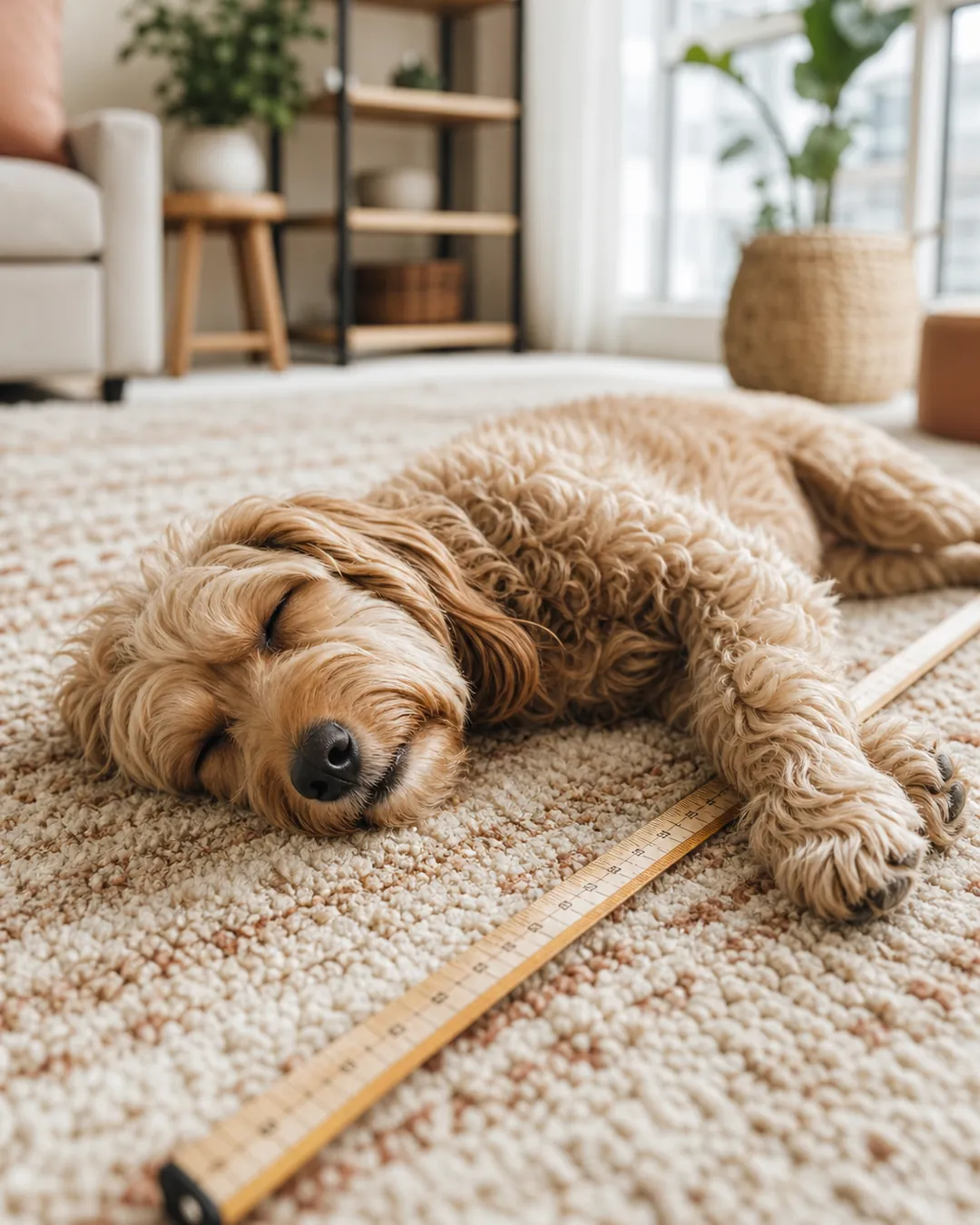 Tape measure laid alongside a dog stretched out asleep on a rug