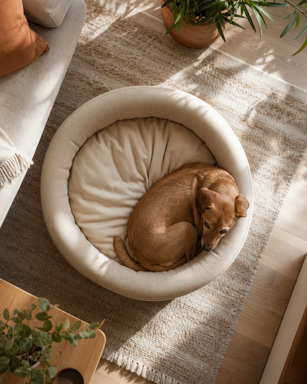 Round bolster bed with high sides and a dog curled against the rim