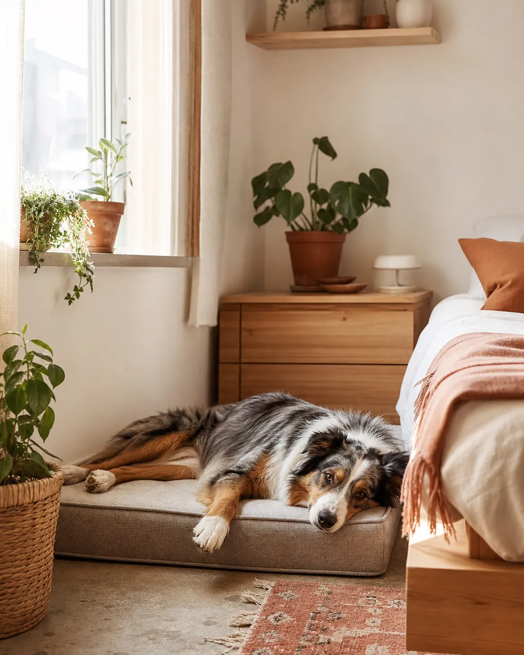 Flat rectangular mattress bed with a dog sprawled fully across it