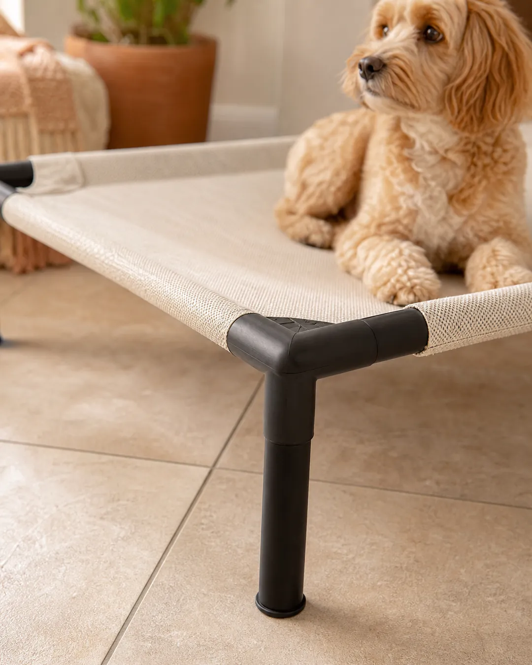 Raised mesh cot bed standing on tile with clear air underneath it