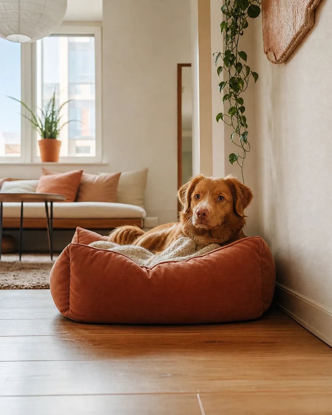Dog bed pushed against a wall with a dog resting its back against it