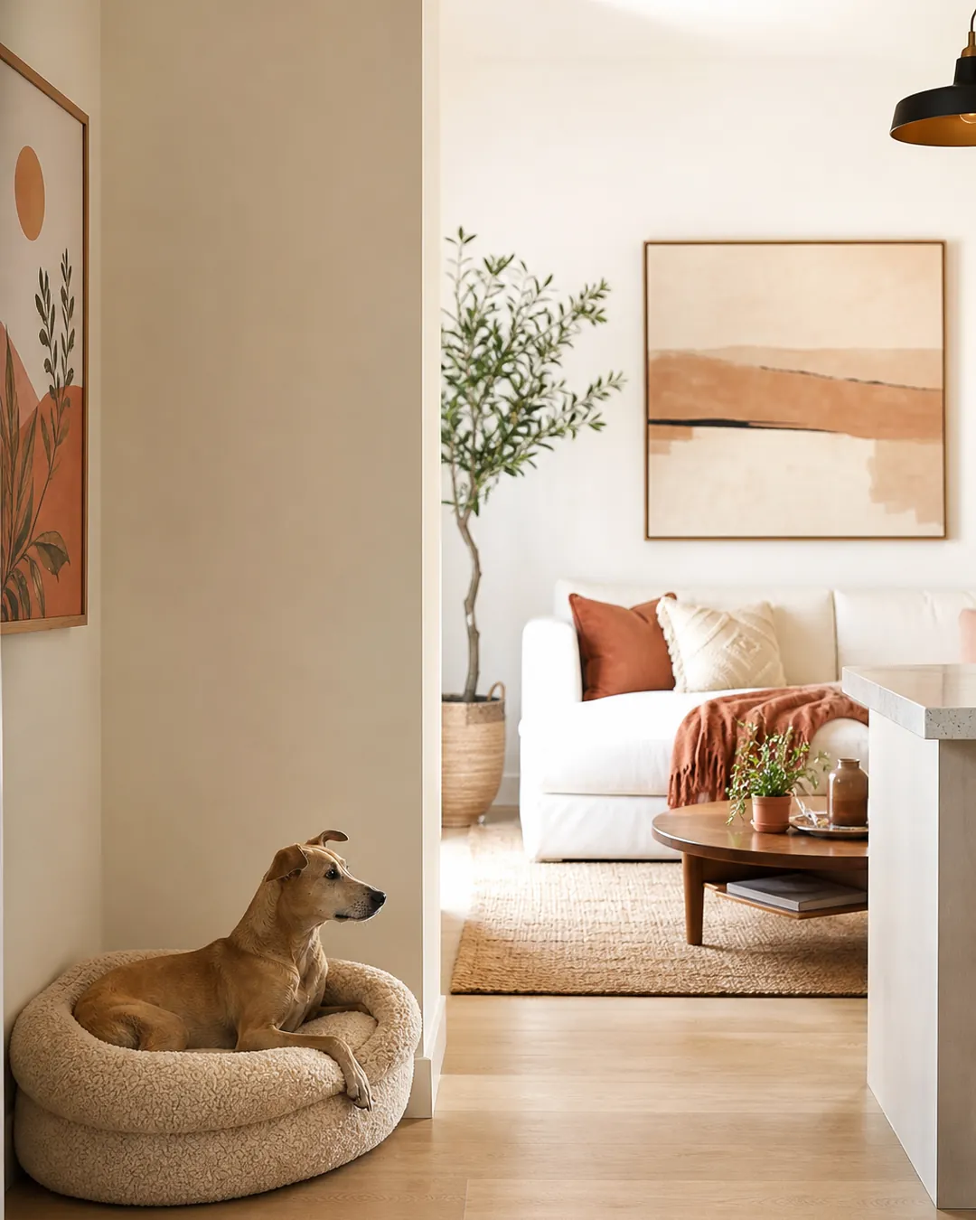 Dog in a corner bed watching out across an open living room