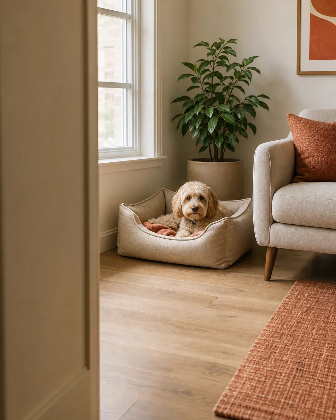 Dog bed tucked beside an armchair and clear of the walking route