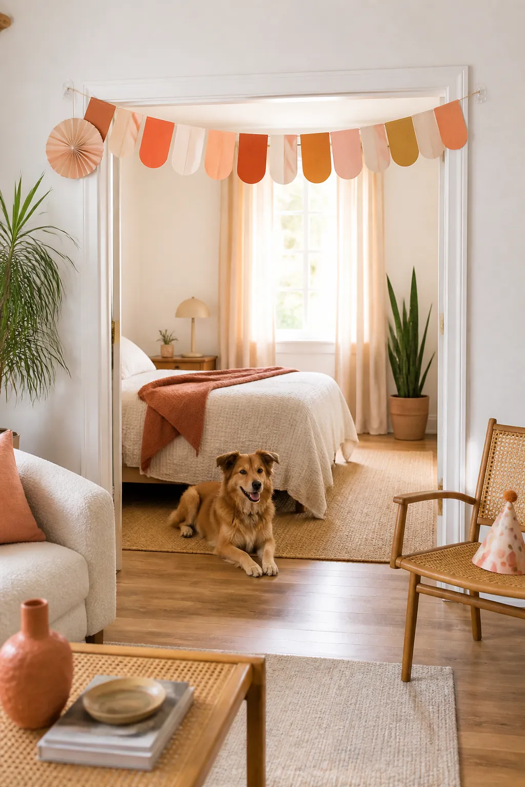 Paper birthday banner strung across an apartment doorway with a small party hat resting on a chair nearby