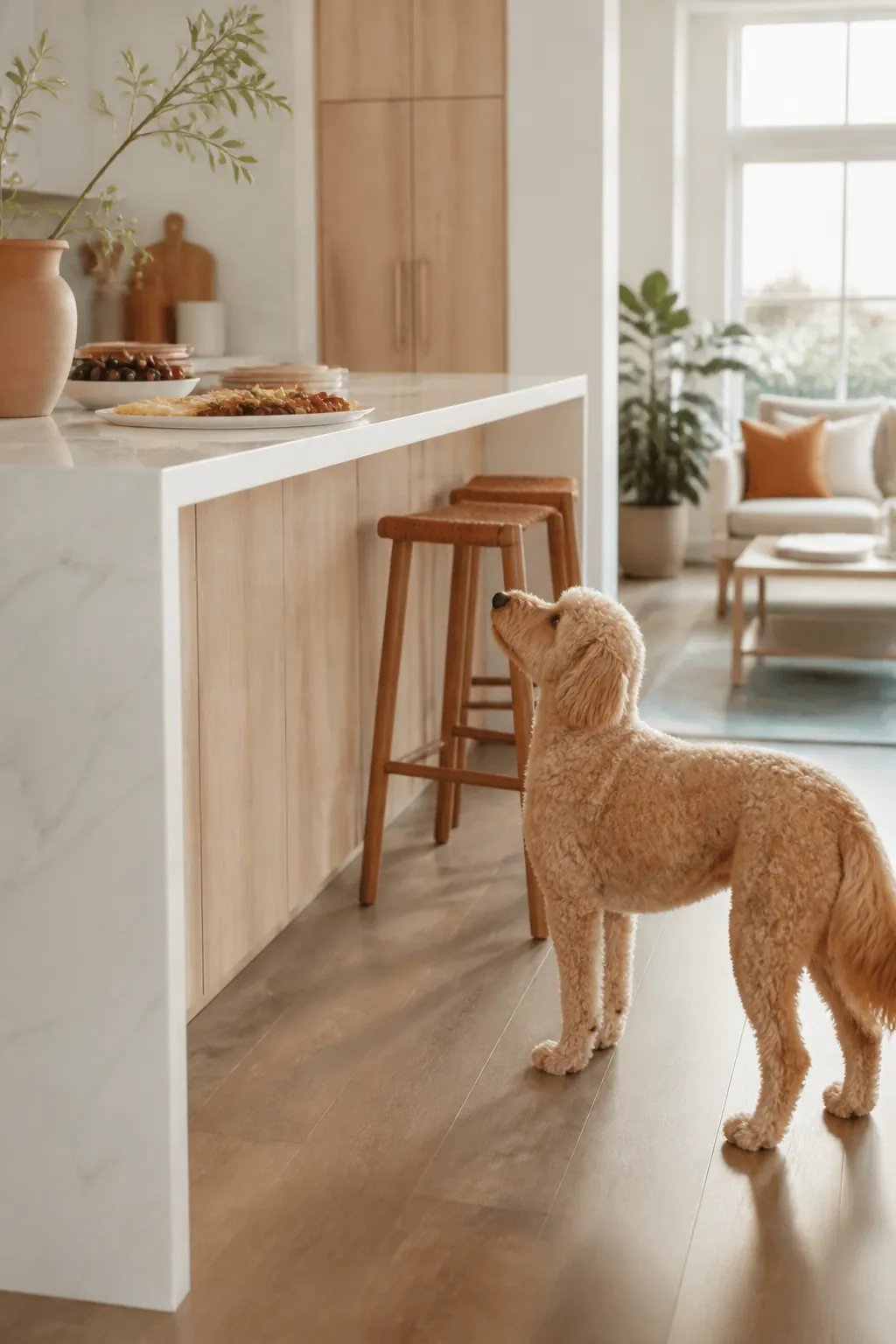 Plate of human party food placed on a high kitchen counter out of a dog's reach