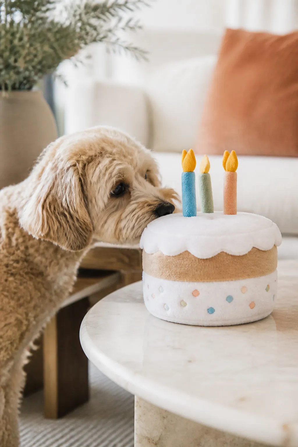 Plush squeaky birthday cake toy sitting on a low coffee table while a small dog sniffs at it