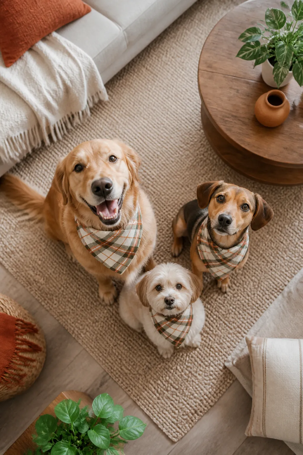 Three dogs of different sizes wearing matching plaid bandanas together in a small living room