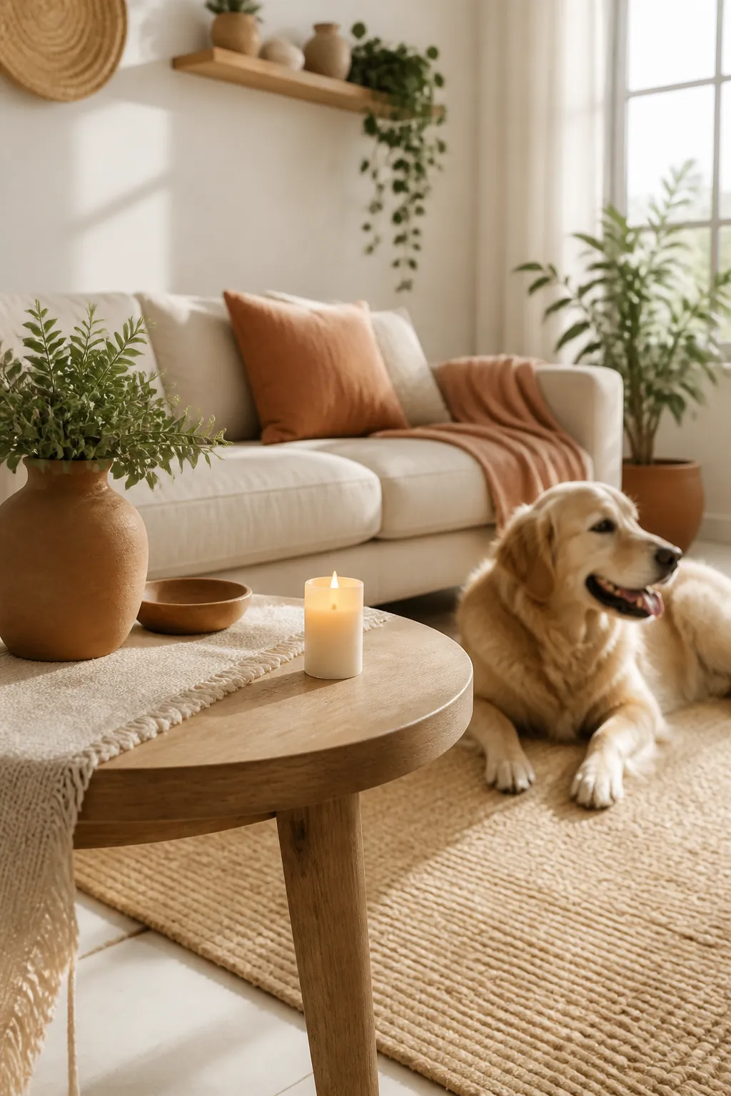 Flameless LED candle flickering on a side table away from a tablecloth edge in a small apartment
