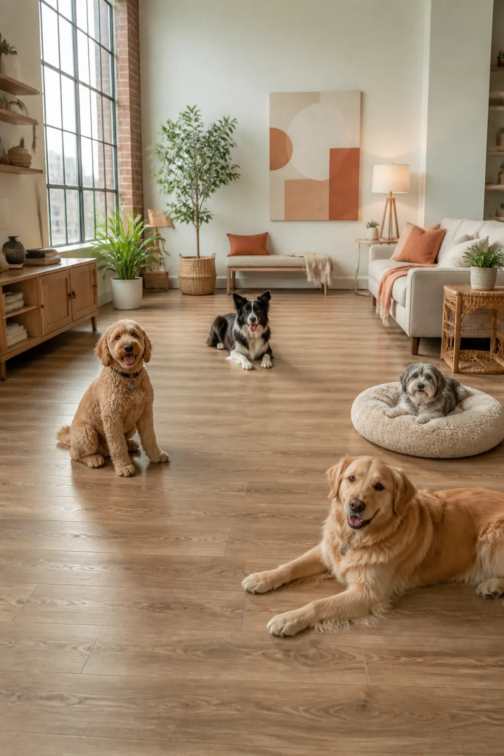 Four dogs spaced around an open studio apartment floor with furniture pushed back against the walls