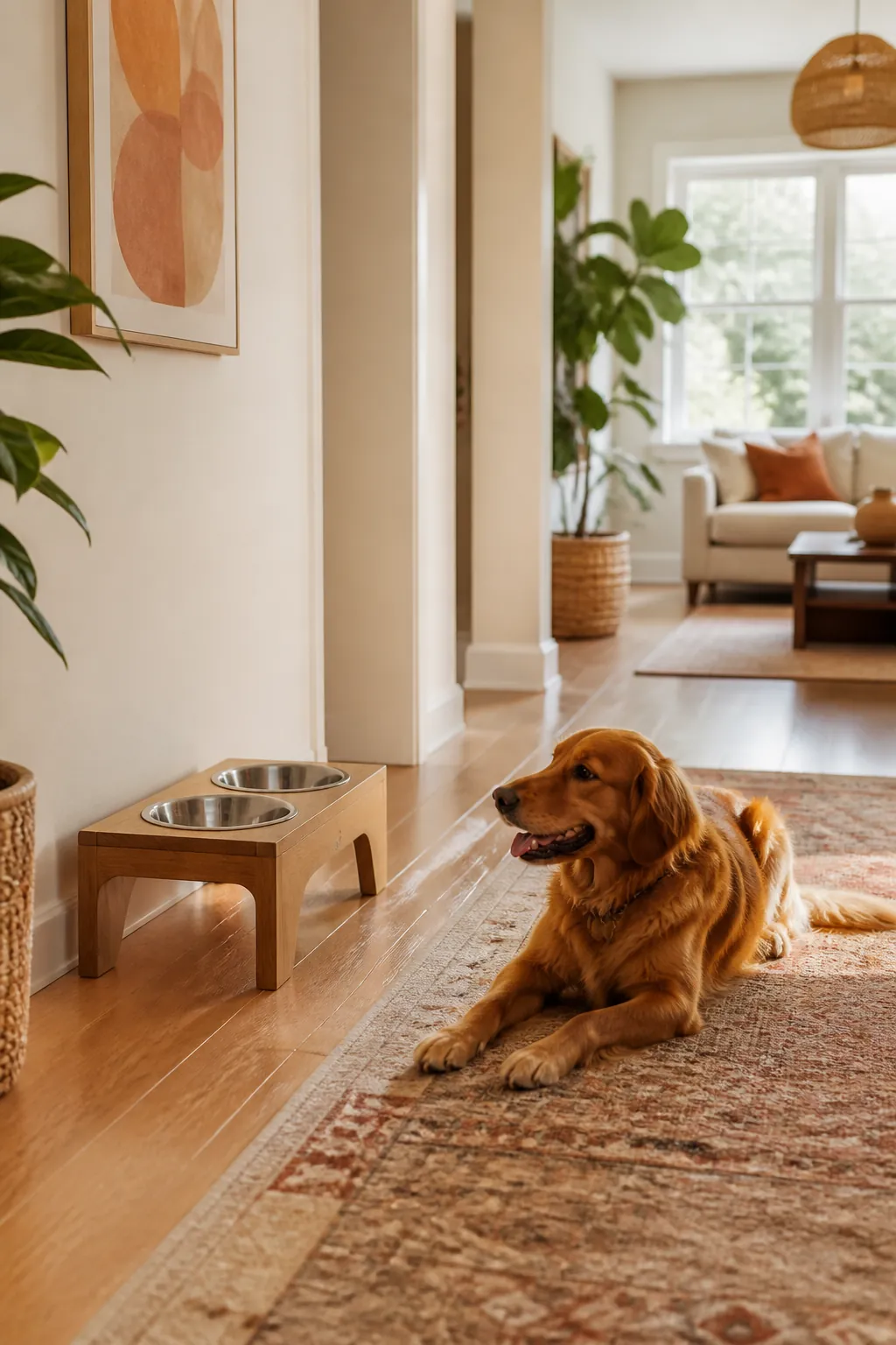 Raised dog water bowl stand positioned against a wall away from the main apartment walking path