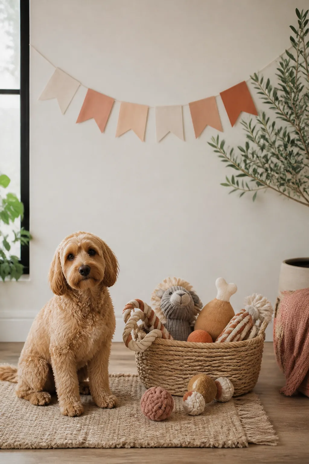 Basket of dog toys set in front of a plain wall beneath a birthday banner as a photo corner