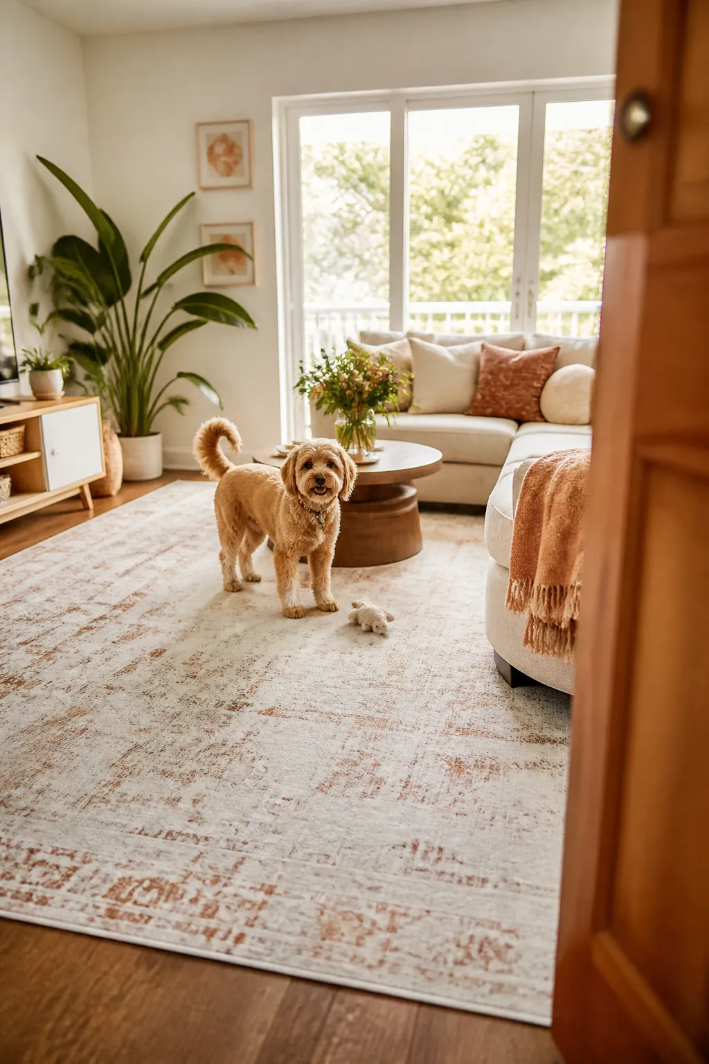 Low-pile washable rug laid over a living room floor before a small apartment dog party