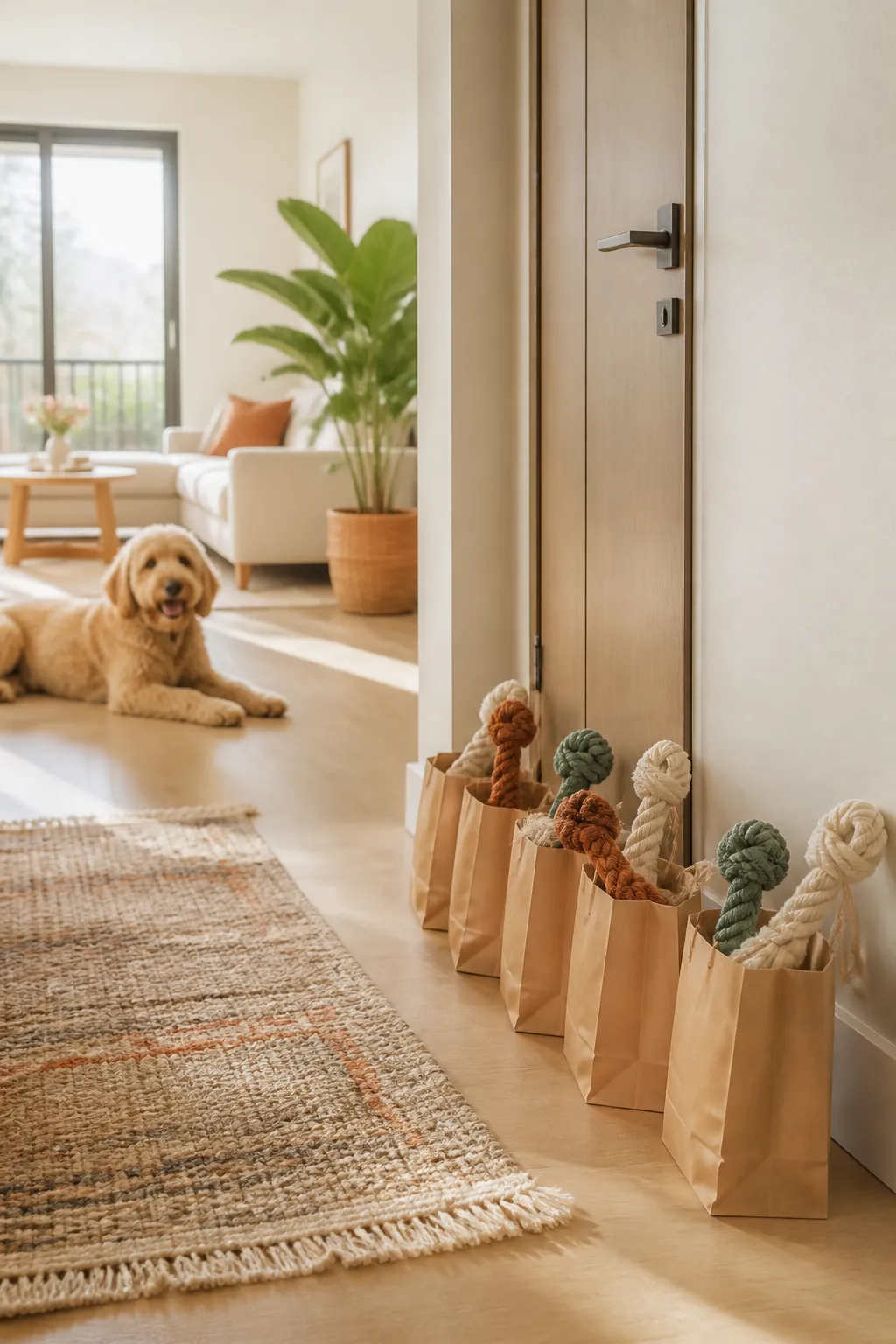 Small paper favor bags each holding a rope toy lined up near an apartment door