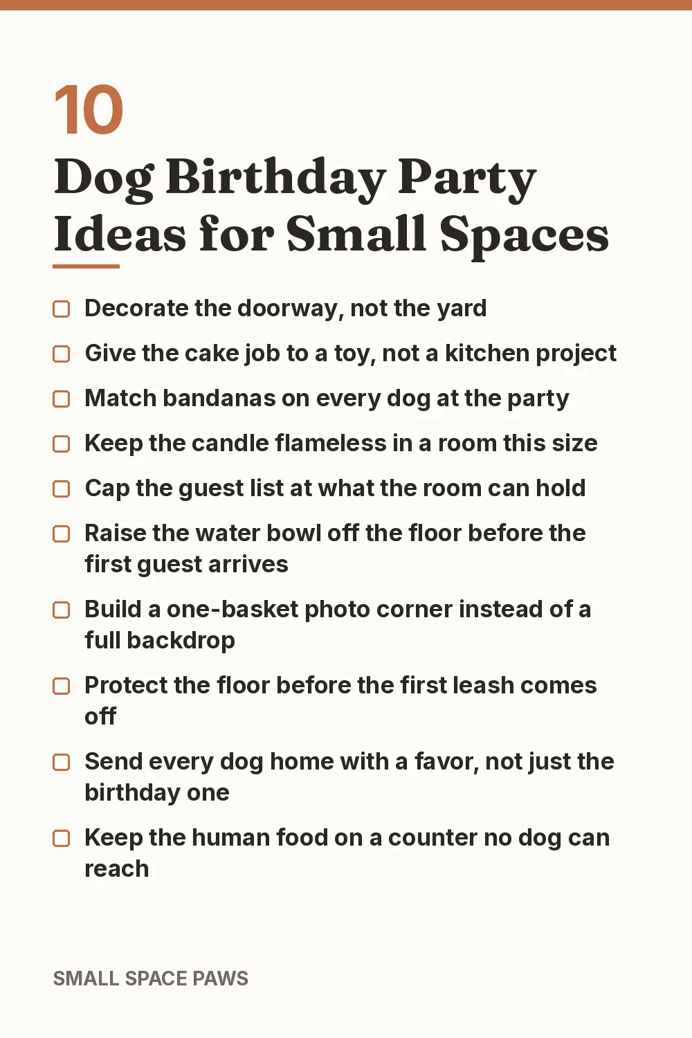 Checklist of every idea in 10 Dog Birthday Party Ideas for Small Spaces