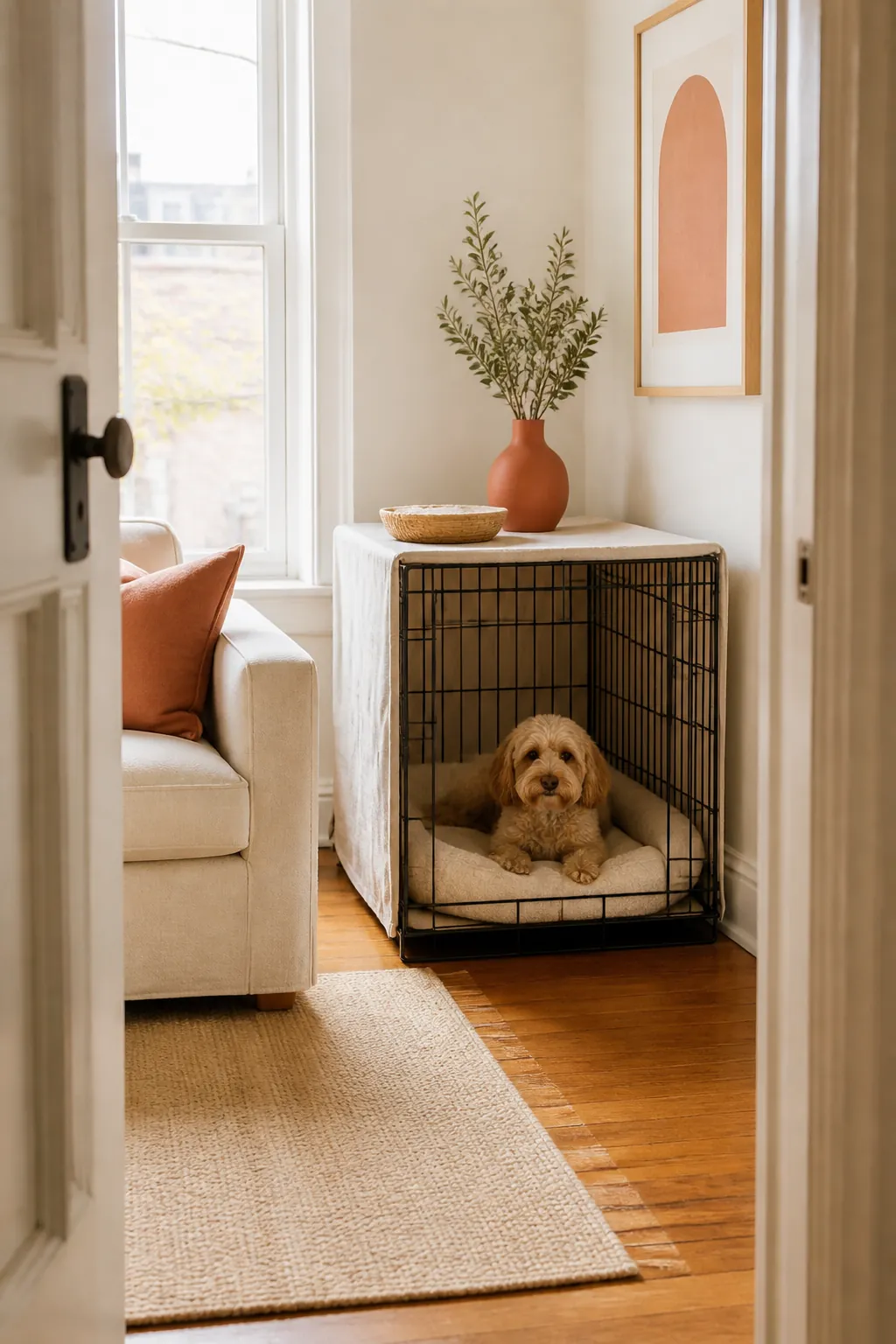 Wire dog crate wrapped in a fabric cover on the back and sides, its door end left open