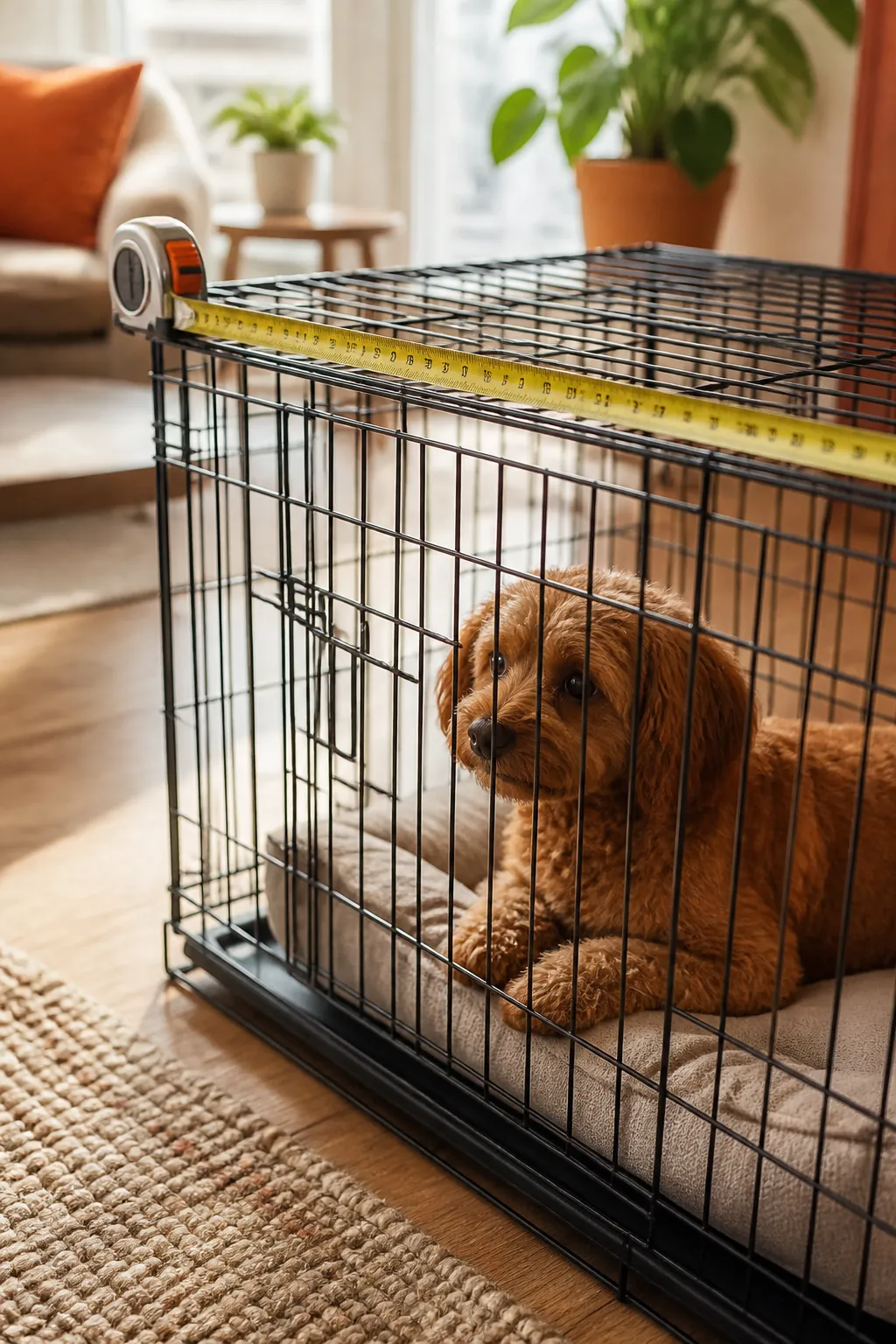 Tape measure stretched along the outer frame of a wire dog crate, measuring its length