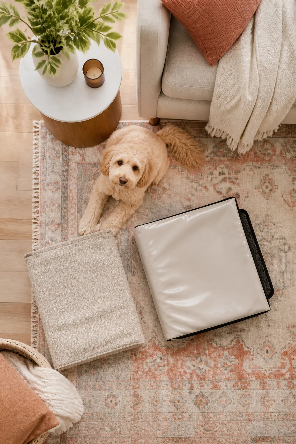 Woven fabric crate cover folded beside a glossy vinyl cover on a living room floor