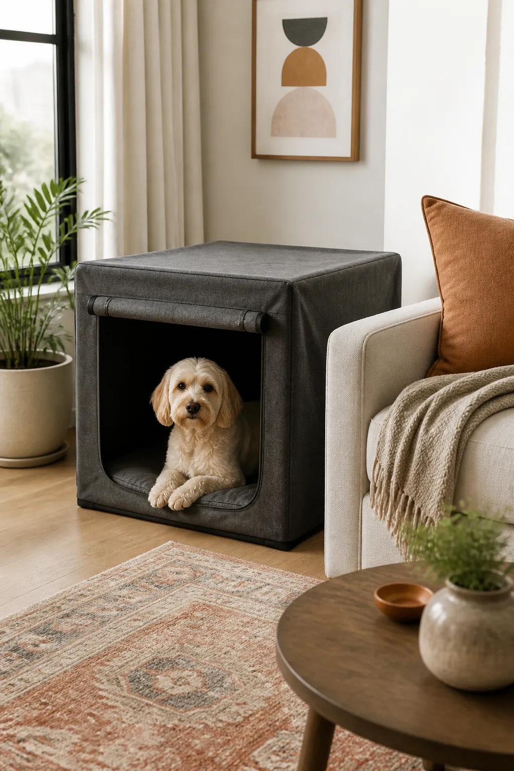 Neutral charcoal crate cover placed beside a sofa cushion and rug in matching tones