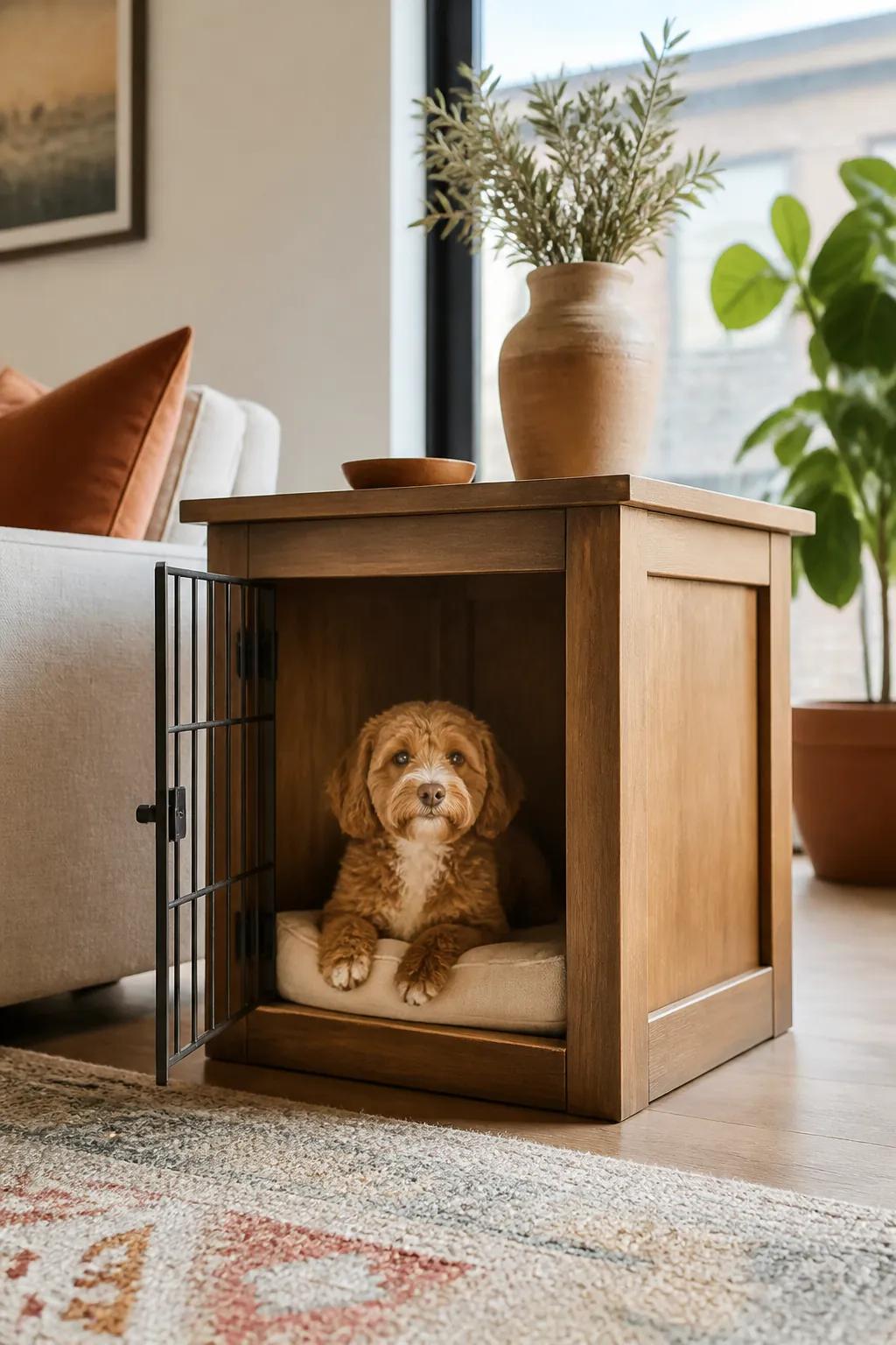 Wooden dog crate end table with solid panels on every side except its door
