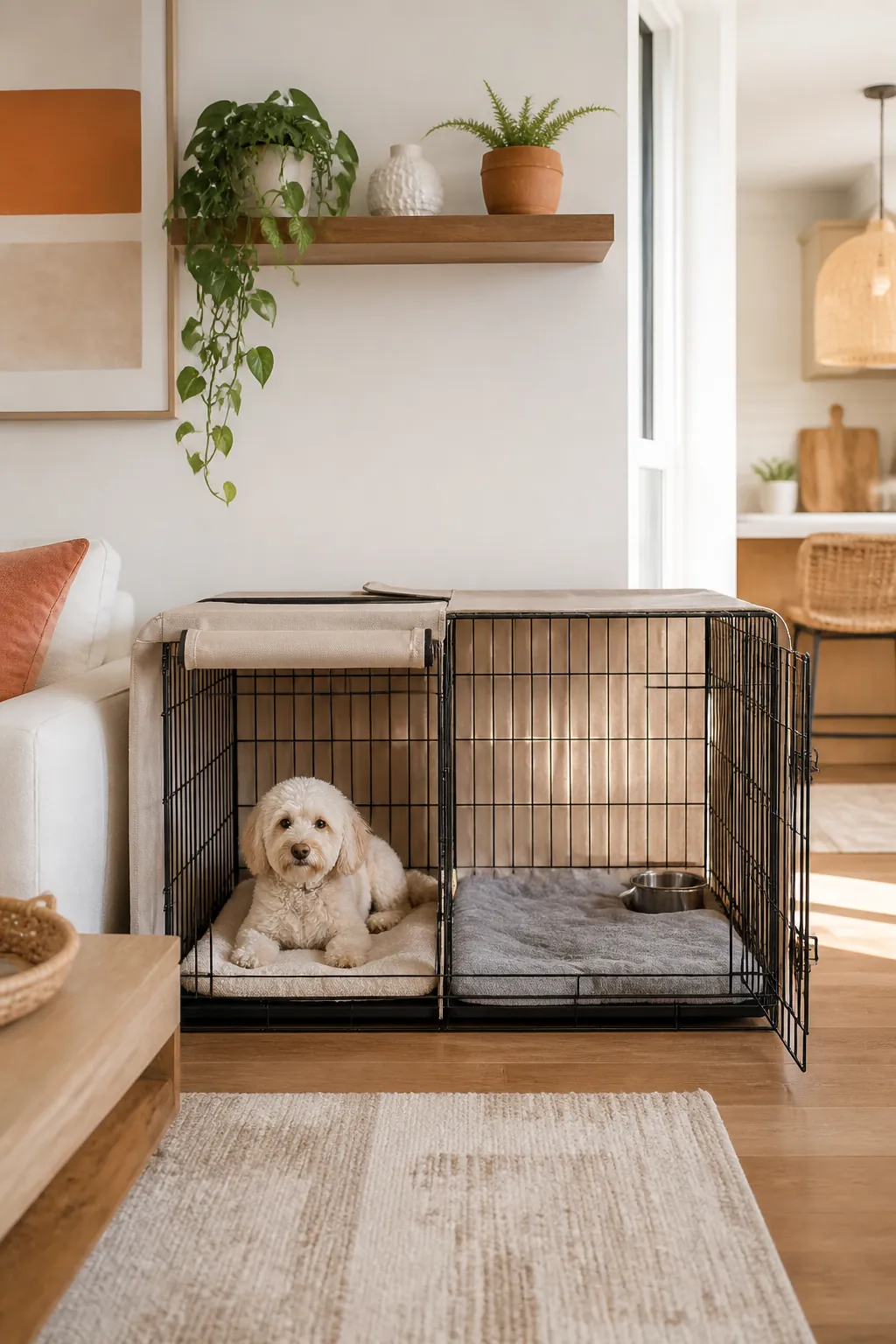 Fabric cover folded back at a crate's divider panel, covering only the shorter puppy half