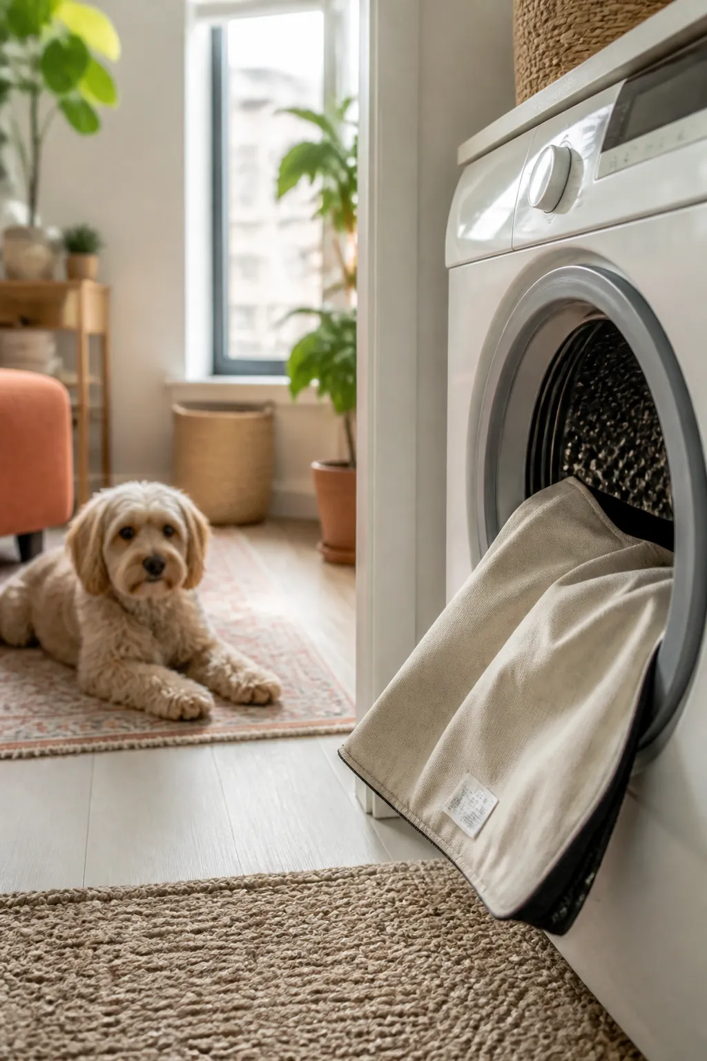 Fabric crate cover partway into a washing machine drum, its care label visible