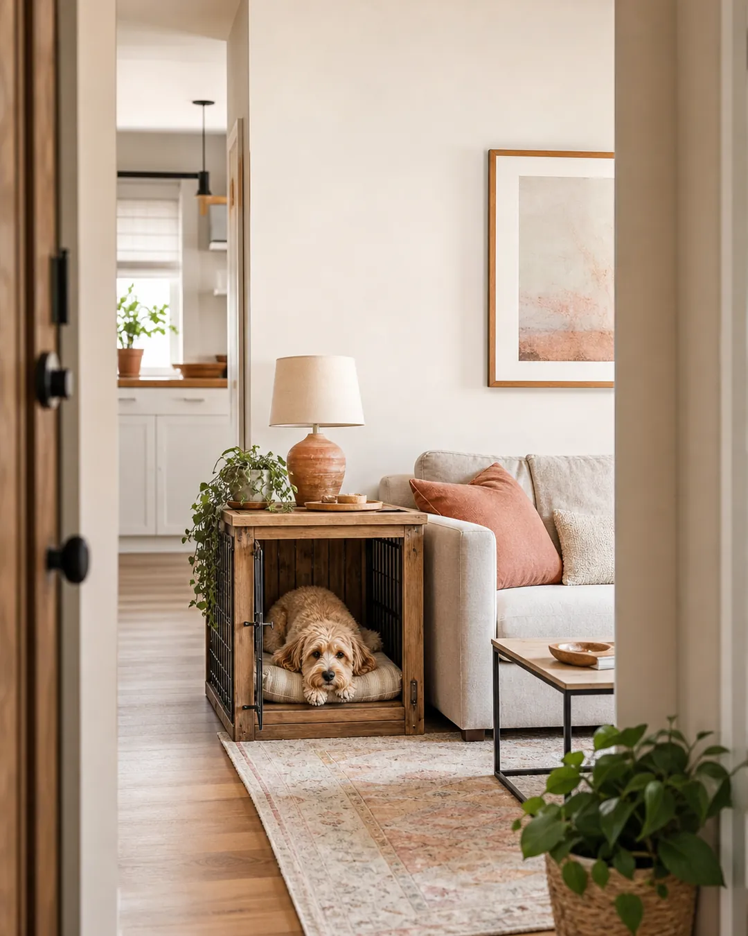 Wooden crate with a dog inside, tucked beside a sofa in a bright living room