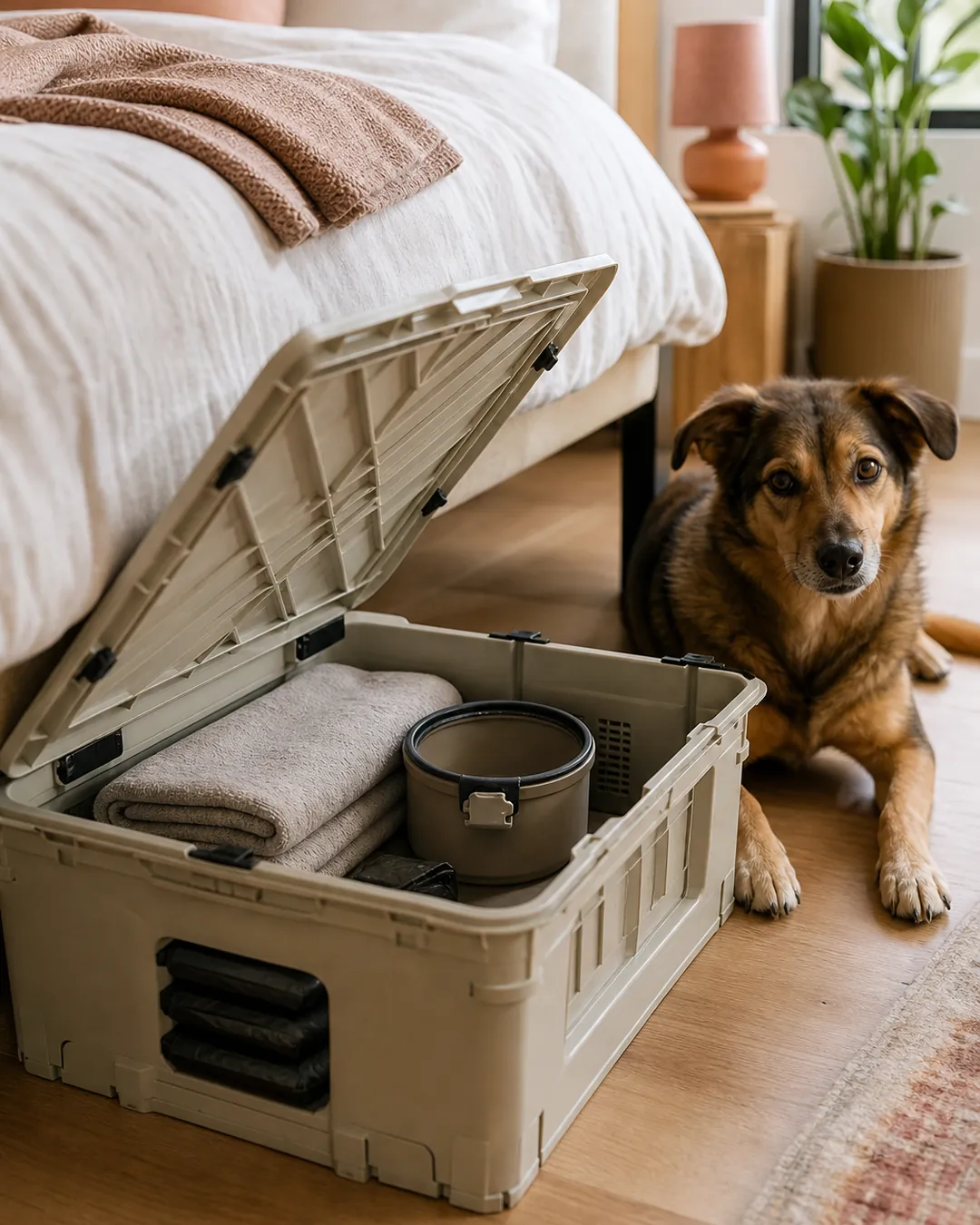 Open storage crate holding a folded towel and a bowl, dog sitting alongside