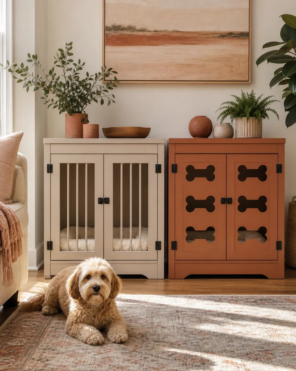 Plain panelled crate cabinet beside one with bone-shaped cutouts in the door
