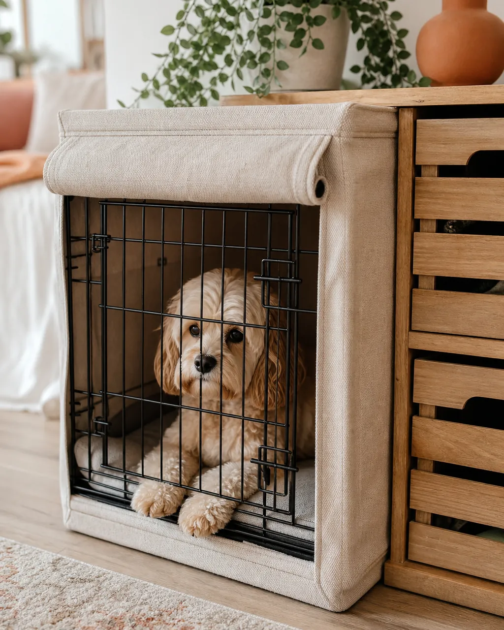 Wire crate with a fabric cover standing next to a wooden crate cabinet