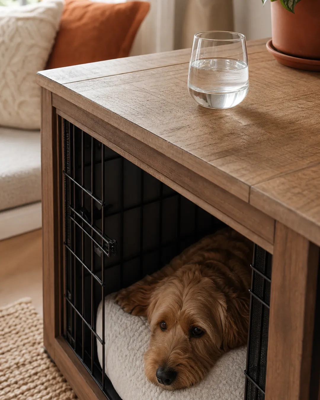Water glass resting on the sealed flat top of a wooden crate table