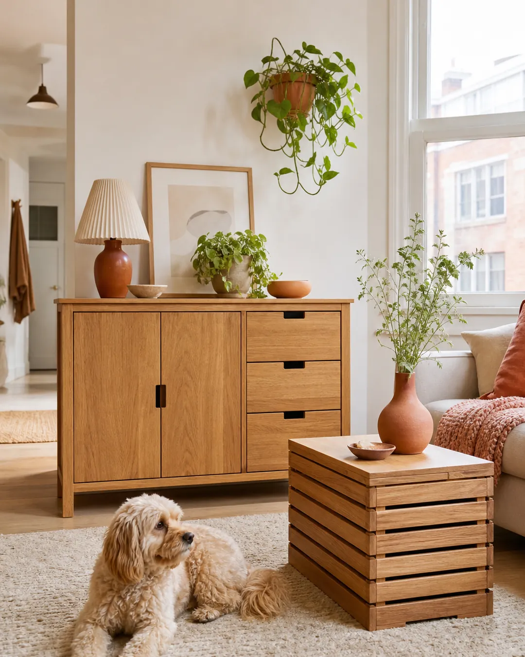 Slatted wooden crate table beside an oak sideboard in the same wood tone