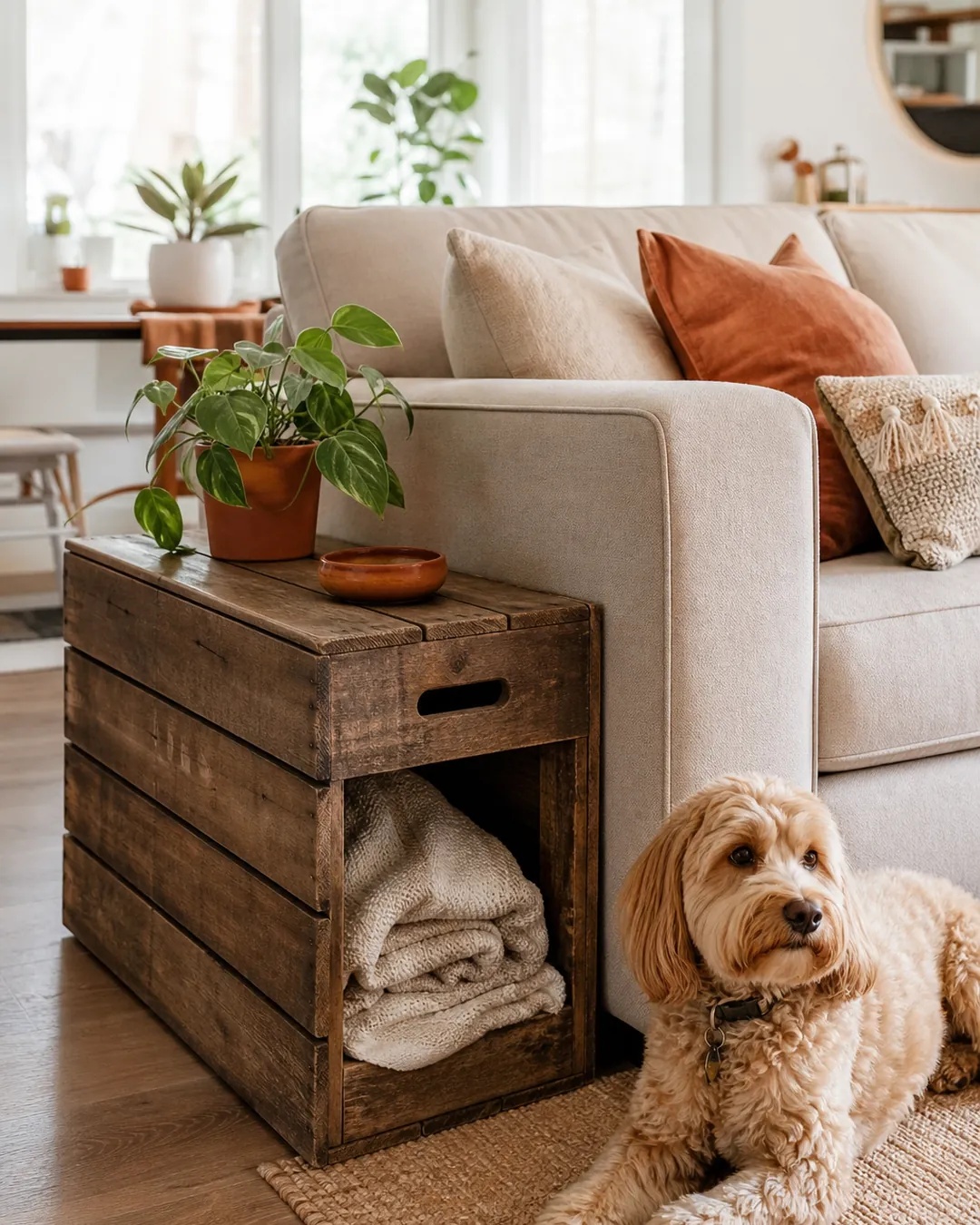 Rustic crate beside a sofa holding folded blankets, a dog sitting in front