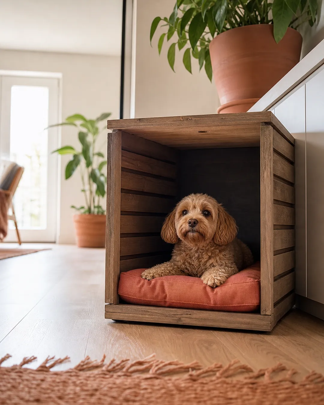 Dog resting on a terracotta cushion inside a dark wood crate, plant above