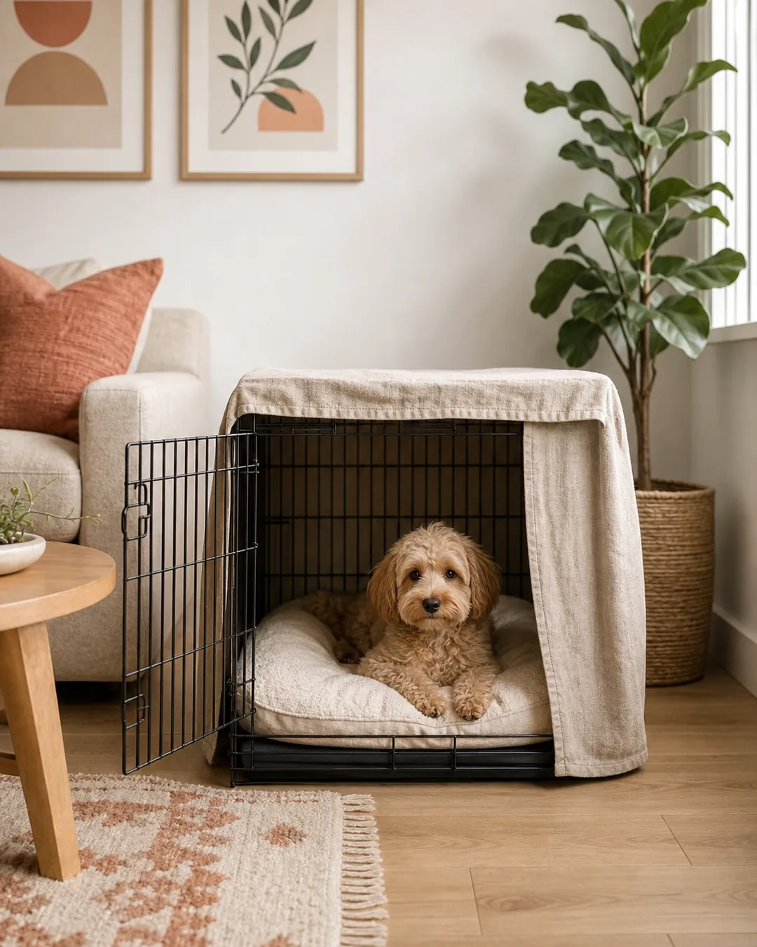 Wire crate softened with a fabric cover, its door end left open, dog inside