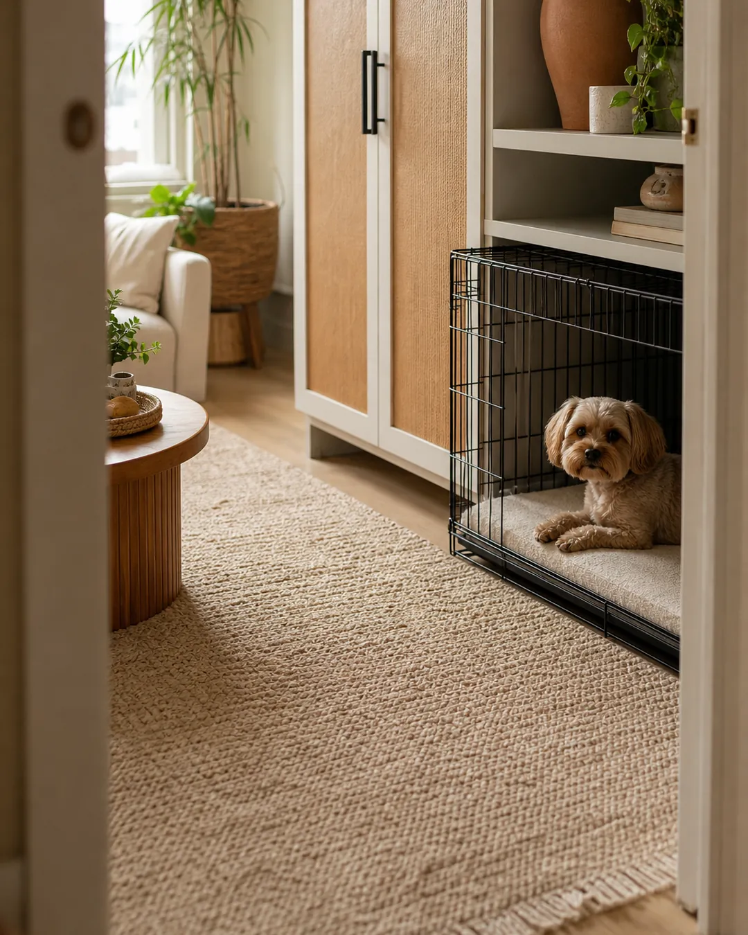 Wire crate set back in a hallway beside a woven rug, dog lying on its mat