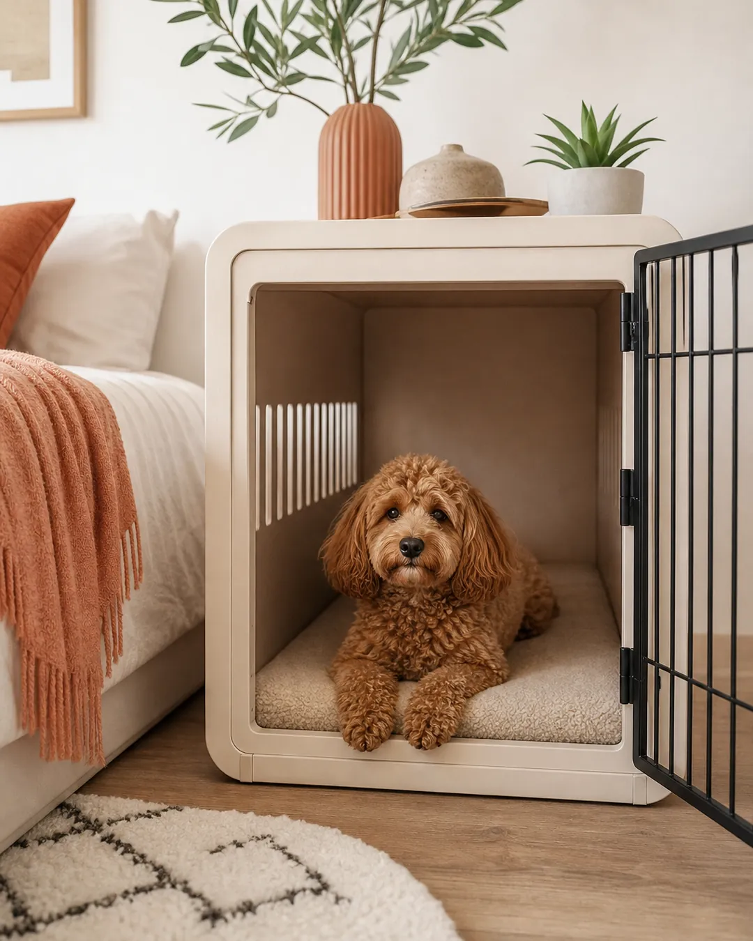 Dog inside a cream panelled crate beside a bed, wire door swung open