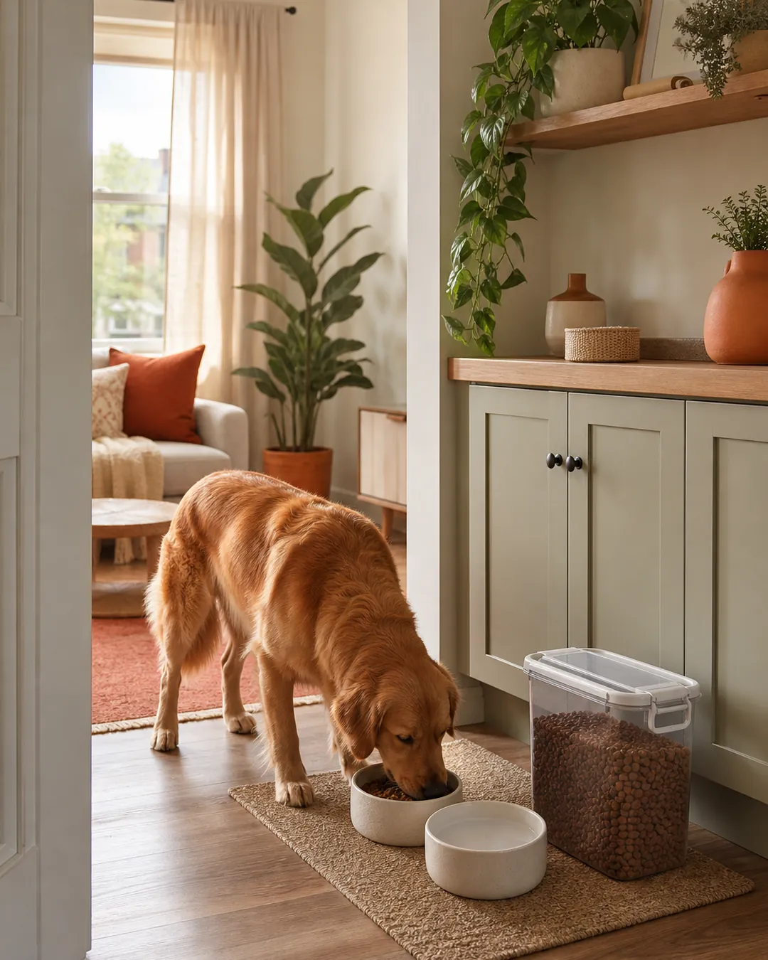 Airtight pet food container with its lid clamped shut beside a cabinet